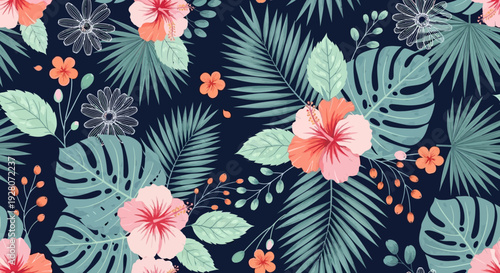 Vibrant Tropical Floral Pattern with Leaves and Flowers.