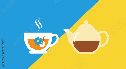 Simple flat design illustration of tea cup and teapot on blue and yellow background.
