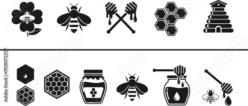 Honey and beekeeping icon set, bee on flower, honeycomb, honey jar, dipper, beehive, organic nectar, natural sweet food, apiculture, vector.