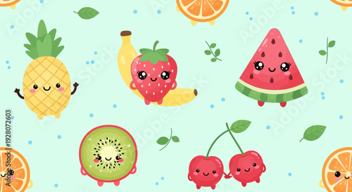 Colorful cartoon fruits with smiling faces on a pastel background.