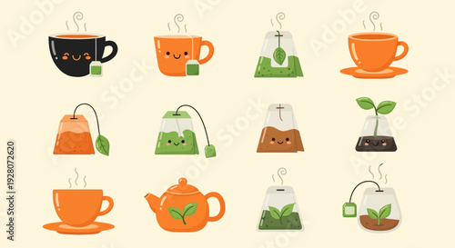 Assorted tea cups and teapots with tea bags in various stages of steeping.