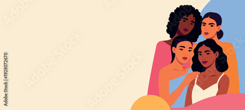 Vector banner for Women's Day, March 8. Women of different cultures, skin colors, nationalities stand together. Support, feminism, diversity, freedom, movement for gender equality, women's empowerment