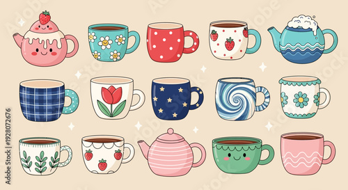 Assorted Cartoon Teacups and Teapots with Various Patterns.