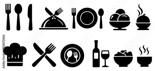 Restaurant and food service icons set with coffee, chef hat, utensils, burger, microwave, delivery box, and kitchen symbols, black silhouette vector collection isolated background 