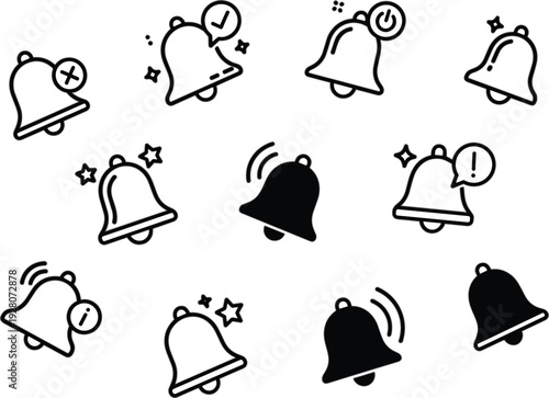 Notification bell icon set with ringing mute alert check and priority symbols for mobile app user interface design