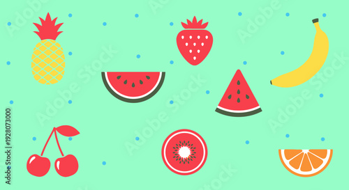 Colorful illustration of various summer fruits on a pastel green background.