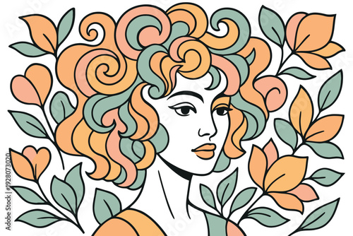 Elegant woman surrounded by vibrant floral curls and blooms in artistic illustration