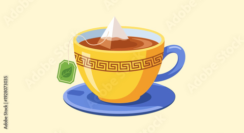 A vibrant yellow tea cup with a Greek pattern on a blue saucer.