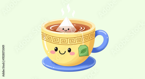 A cheerful yellow tea cup with a smiling face and a tea bag inside.