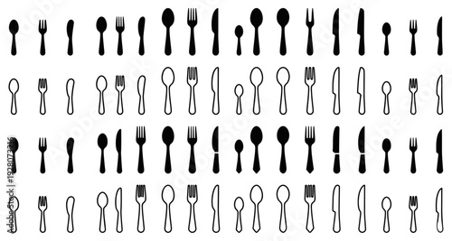 Minimalist black and white vector illustration of cutlery icons arranged in a clean horizontal layout on a light gray background
