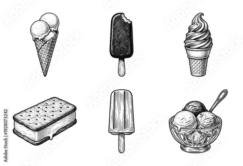 Vintage style engraving collection of various frozen dairy desserts including cones ice cream sandwich popsicles and a sundae bowl