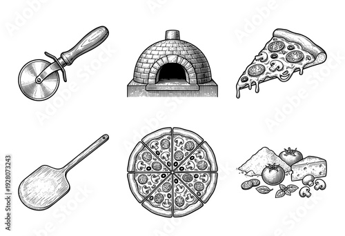 Vintage hand drawn pizza making set featuring wood fired oven, cutter, peel, whole pie, slice, and fresh ingredients in a detailed woodcut engraving style.