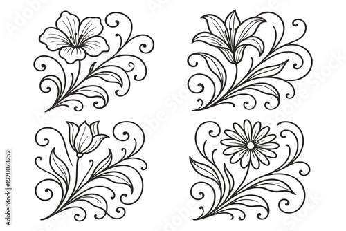 Elegant black and white floral and leaf decorative patterns in symmetrical arrangements