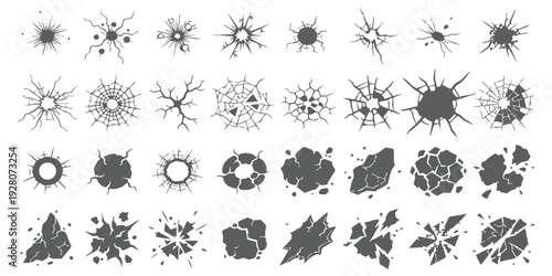Collection of black crack and break icons representing shattered glass, impact holes, and fractured surfaces in vector illustration style
