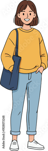 Smiling young woman in casual outfit with shoulder bag