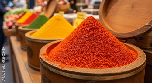 Wallpaper Mural Pepper Powder in Open Spice Container at Traditional Market Stall, Vibrant Natural Colors, Candid Marketplace Environment, Authentic Culinary Culture Mood Torontodigital.ca