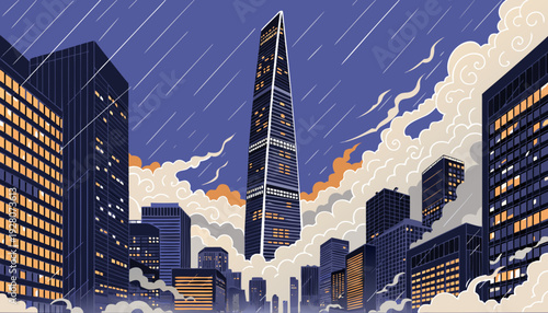 Modern Urban Skyline Viewed From Below Featuring Tall Central Skyscraper Under Dramatic Night Sky Weather seoul skyline vector