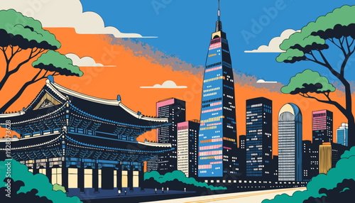 Contrast of Traditional East Asian Architecture with Modern Metropolitan Skyscraper Cityscape Under Bright Sky seoul skyline vector