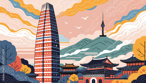 Modern Skyscraper and Traditional Architecture Contrasted Against Stylized Mountain Landscape at Sunset seoul skyline vector