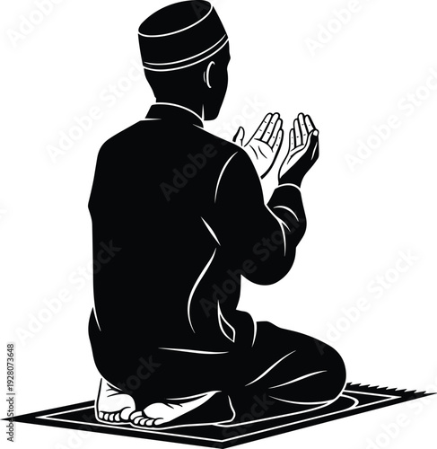 Muslim man praying illustration, kneeling on mat with raised hands, Islamic devotion spiritual worship concept, cultural religion artwork, cad drawing flat vector illustration