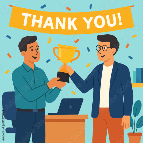 Flat vector scene of a happy employee receiving a golden trophy from manager, both in business casual, confetti falling