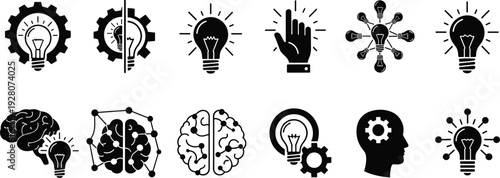 Innovation icons vector illustration, light bulb creativity design, gears and brain symbols, human intelligence concept, problem solving, technology thinking art