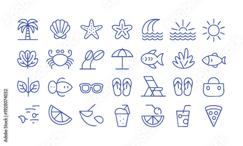 Minimal summer travel outline icons beach vacation collection vector illustration, easily editable.