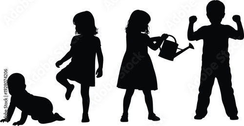 Black silhouettes of four children playing kids toddler crawling girl dancing