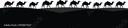 Black silhouette of camels walking on hills silhouettes desert