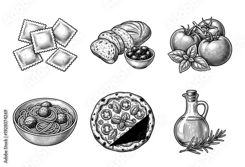 Set of Italian food illustrations featuring pasta, pizza, bread, and ingredients in a classic black and white woodcut engraving style.