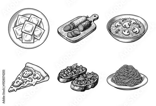 Set of Italian food illustrations featuring ravioli, salami, mushroom risotto, pizza slice, bruschetta, and spaghetti in a vintage hand-drawn engraving style.