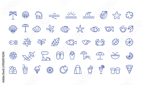 Beach vacation doodle outline icons coastal summer elements vector illustration, easily editable.