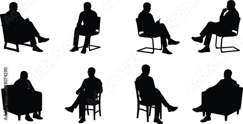 Black silhouettes of men sitting in various chairs on white background