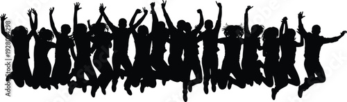Black silhouettes of people jumping with arms raised white background group