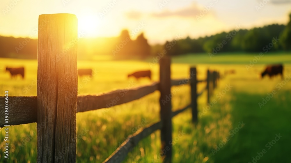 Fototapeta premium A sunlit pastoral scene features a wooden fence in the foreground with grazing cows under a golden sky