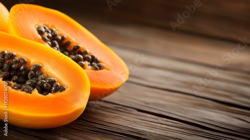 Freshly cut papaya halves showcasing vibrant orange flesh and black seeds on wooden surface