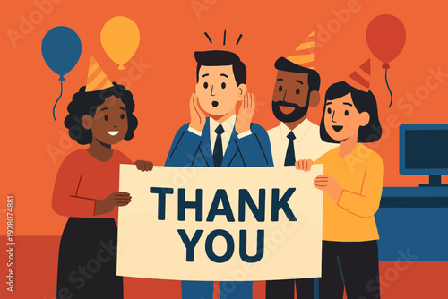 Flat vector illustration of diverse coworkers presenting a large thank-you banner to a surprised employee,