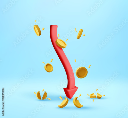 3d Red arrow showing downward trend in stock market. Financial crisis concept with broken coins, investment risk, and money loss. Vector illustration