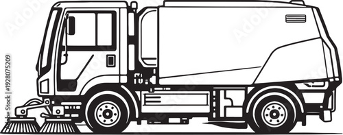 Road Sweeper Vehicle Black and White Line Art Municipal Street Cleaning Truck Side View.eps