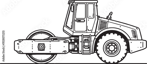 Road Roller Compactor Black and White Line Art Heavy Construction Vehicle Illustration.eps