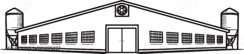 Poultry Farm Housing Facility Front View Black and White Line Art Illustration.eps