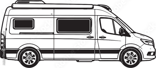 Recreational Camper Van Black and White Line Art Technical Vector Illustration.eps