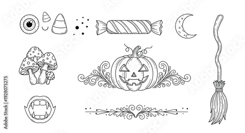 Hand drawn Halloween themed doodles featuring a pumpkin, candy corn, mushrooms, vampire teeth, and a witch's broomstick in line art.