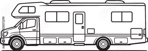 Motorhome RV Vehicle Black and White Line Art Side View Recreational Transport Illustration.eps