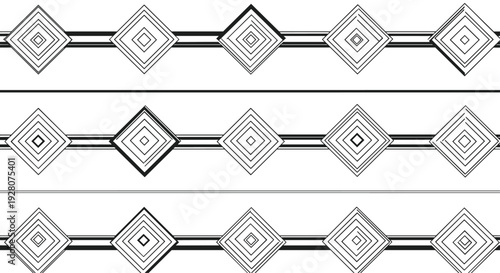Modern geometric pattern of nested diamonds connected by horizontal parallel lines in a repeating black and white monochrome design.