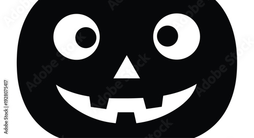 Bold black silhouette of a classic jack o lantern pumpkin face with round eyes and a toothy smile for halloween decorations.