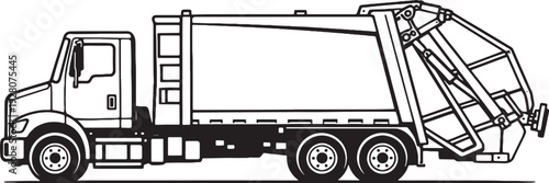 Garbage Collection Truck Black and White Line Art Municipal Sanitation Vehicle Side View.eps