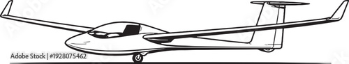 Glider Aircraft Black and White Line Art Non Powered Sailplane Side View Illustration.eps