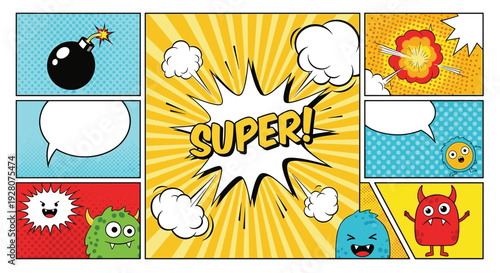 Colorful comic book page featuring cute monsters, a bomb, a speech bubble, and a super sound effect in a vibrant multi panel layout.