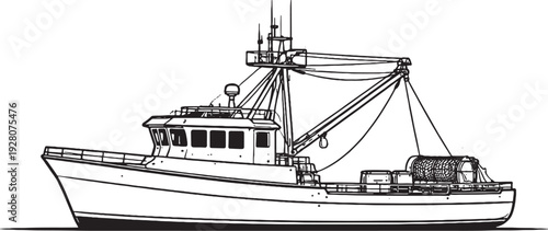 Fishing Boat Vessel Black and White Line Art Commercial Marine Ship Side View Illustration.eps